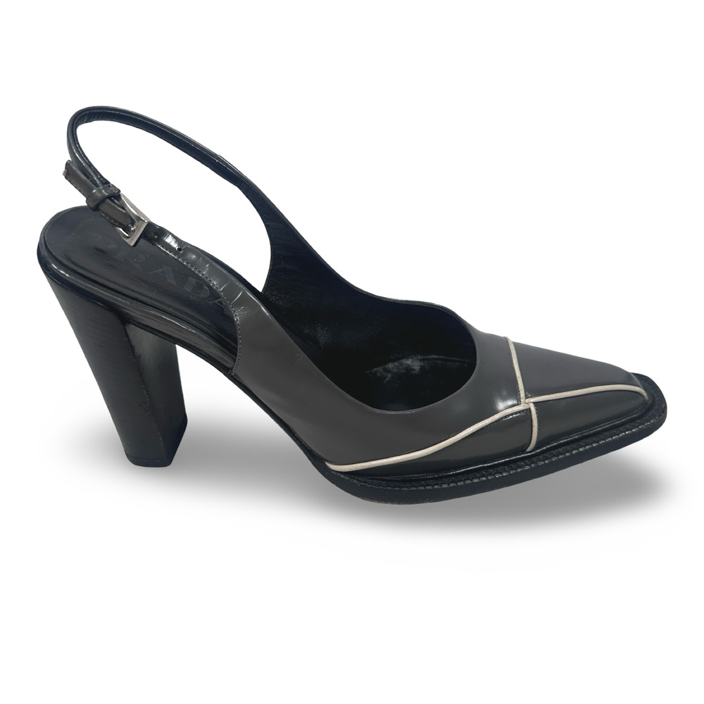 Prada Slingback Heel Pumps Women’s 36.5 Gray Leather Piping Trim Elegant Shoes